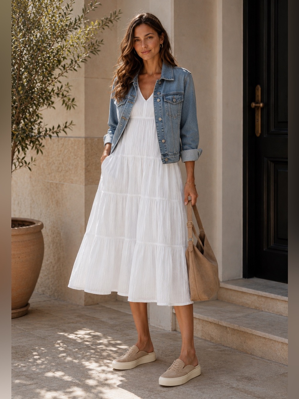 Club Monaco Tiered Crinkle Midi Dress Size 0 White V-Neck Puff Sleeve